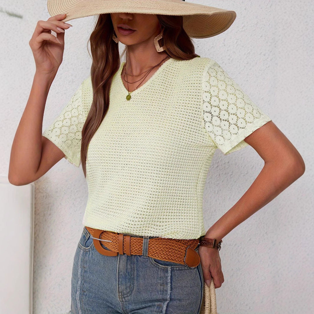 Lace Splicing Short Sleeve V-Neck Short Sleeve T-Shirt