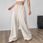 Drawstring elastic waist lazy versatile wide striped casual straight pants