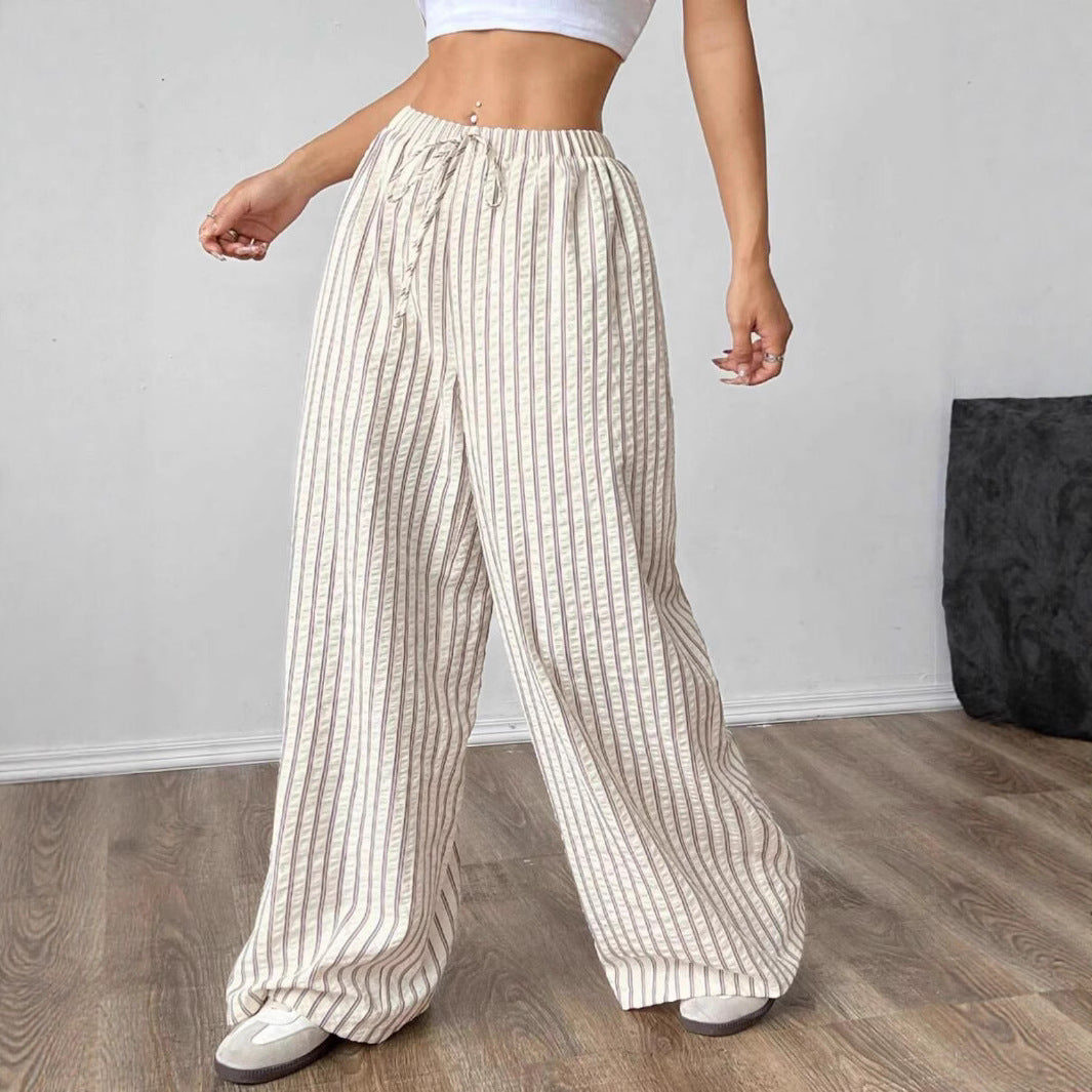 Drawstring elastic waist lazy versatile wide striped casual straight pants