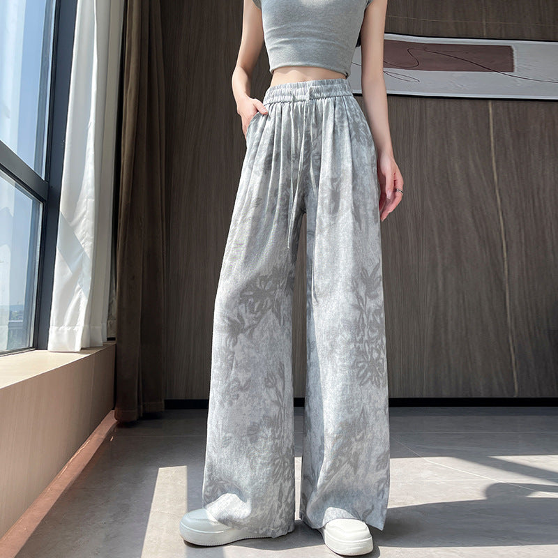 Bohemian ice silk linen retro printing wide-leg pants