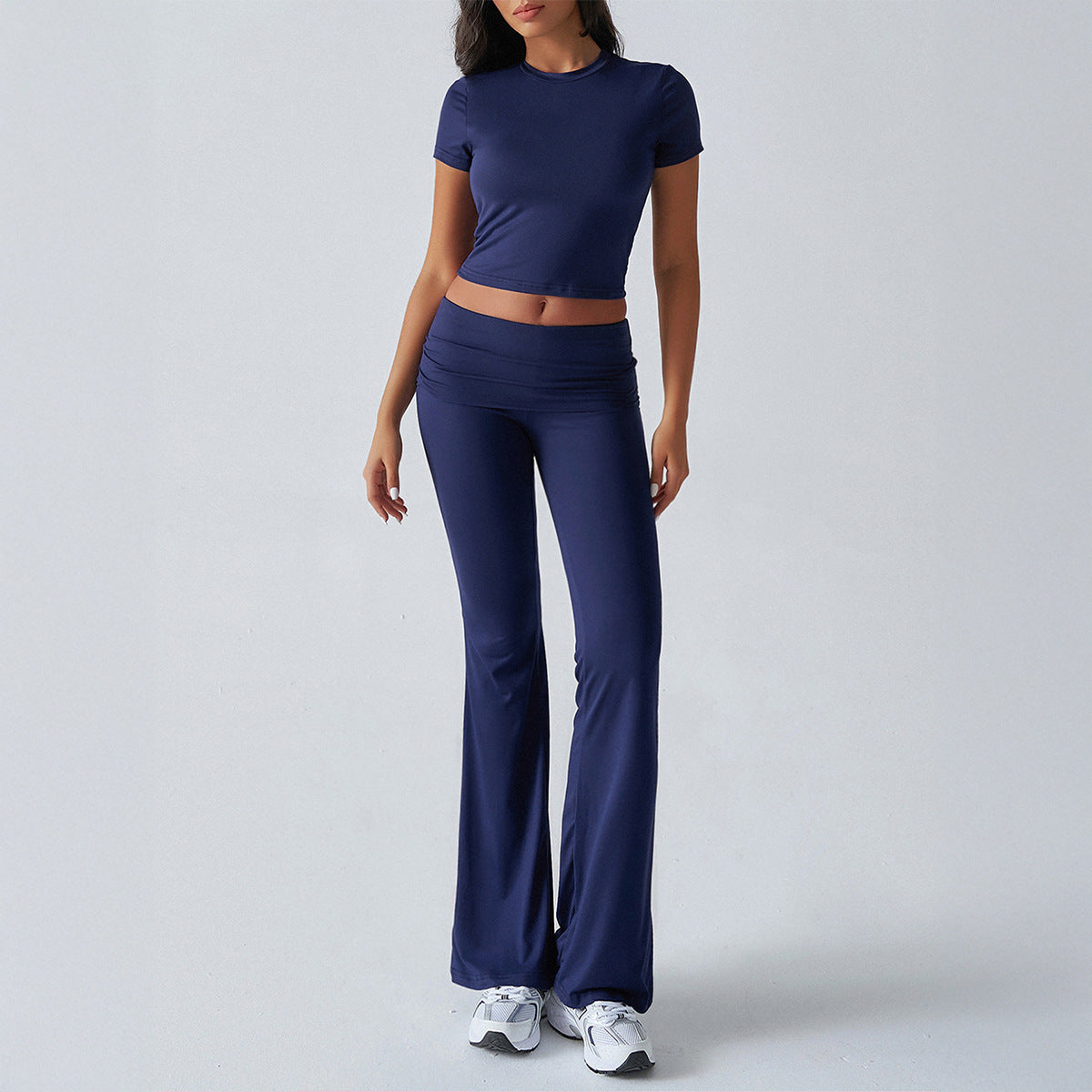 Casual solid color slim-fit short-sleeved top and pants set