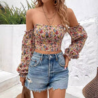 Printed Lantern Sleeve Chiffon Shirt Women's Top
