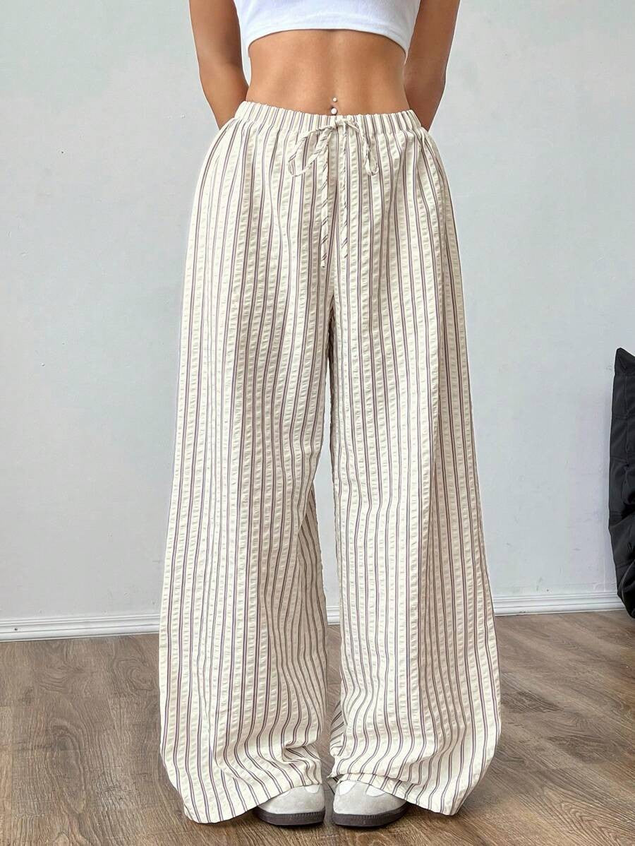 Drawstring elastic waist lazy versatile wide striped casual straight pants