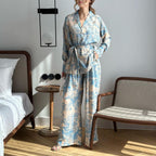 Printed long-sleeved lace-up shirt high-waisted wide-leg pants for women