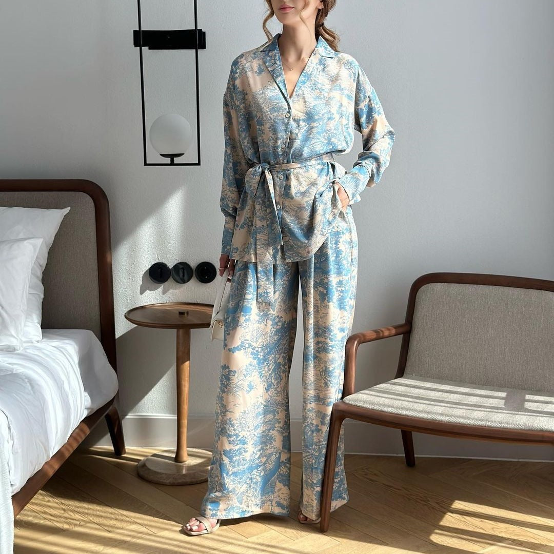 Printed long-sleeved lace-up shirt high-waisted wide-leg pants for women