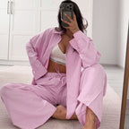 Polyester striped casual simple women's long-sleeved trousers loose suit