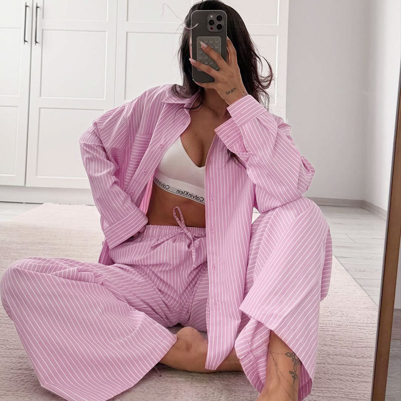 Polyester striped casual simple women's long-sleeved trousers loose suit