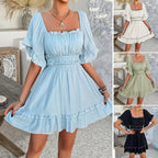 Solid color fungus edge short-sleeved dress