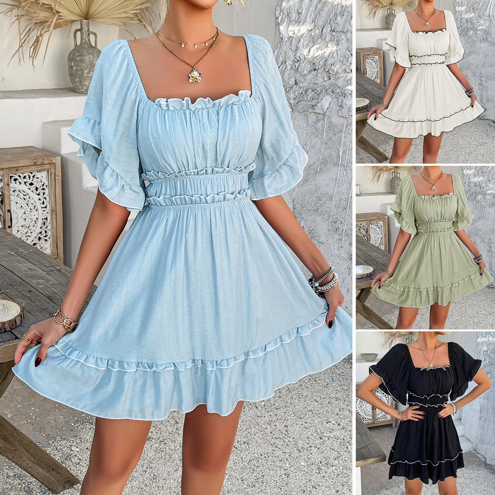 Solid color fungus edge short-sleeved dress