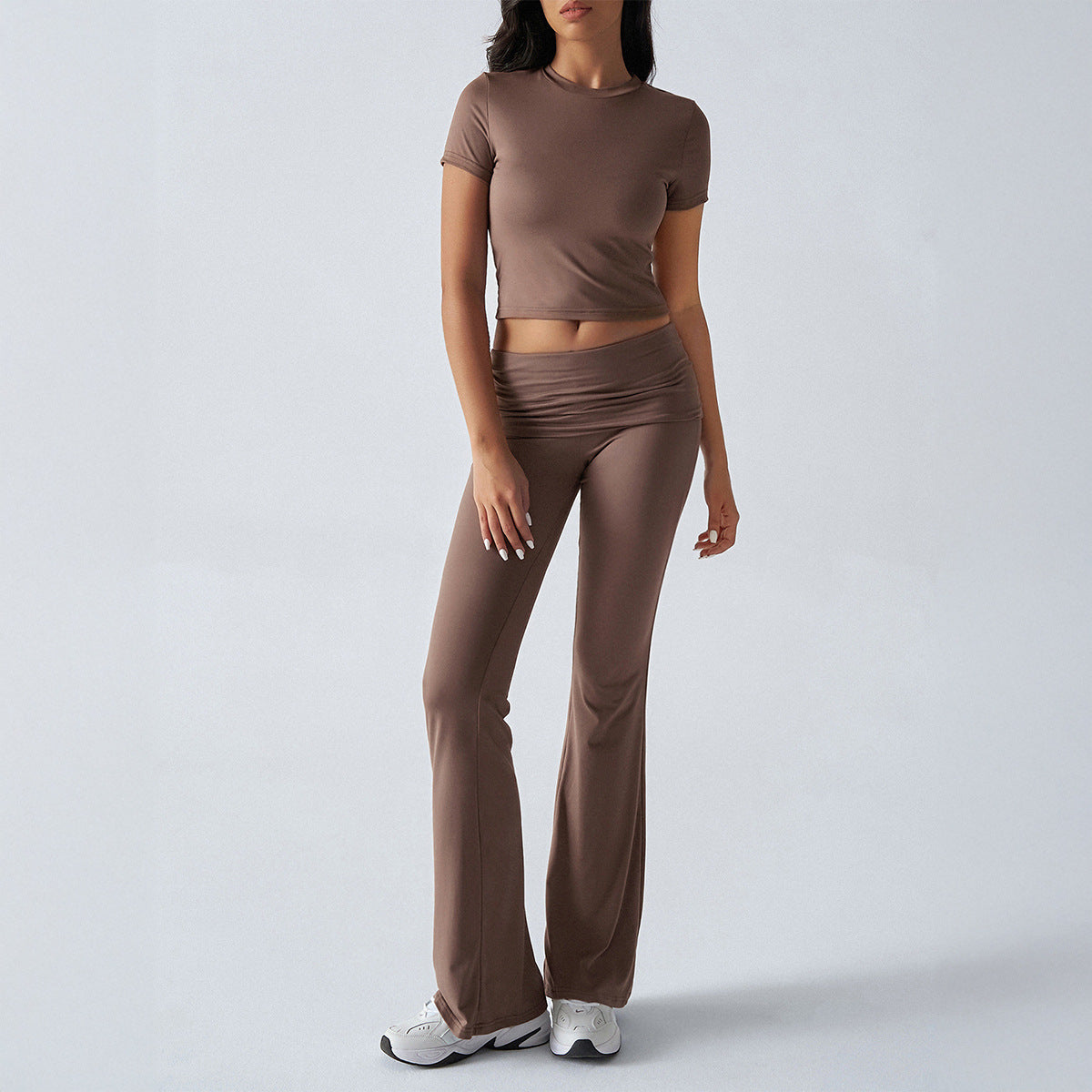 Casual solid color slim-fit short-sleeved top and pants set