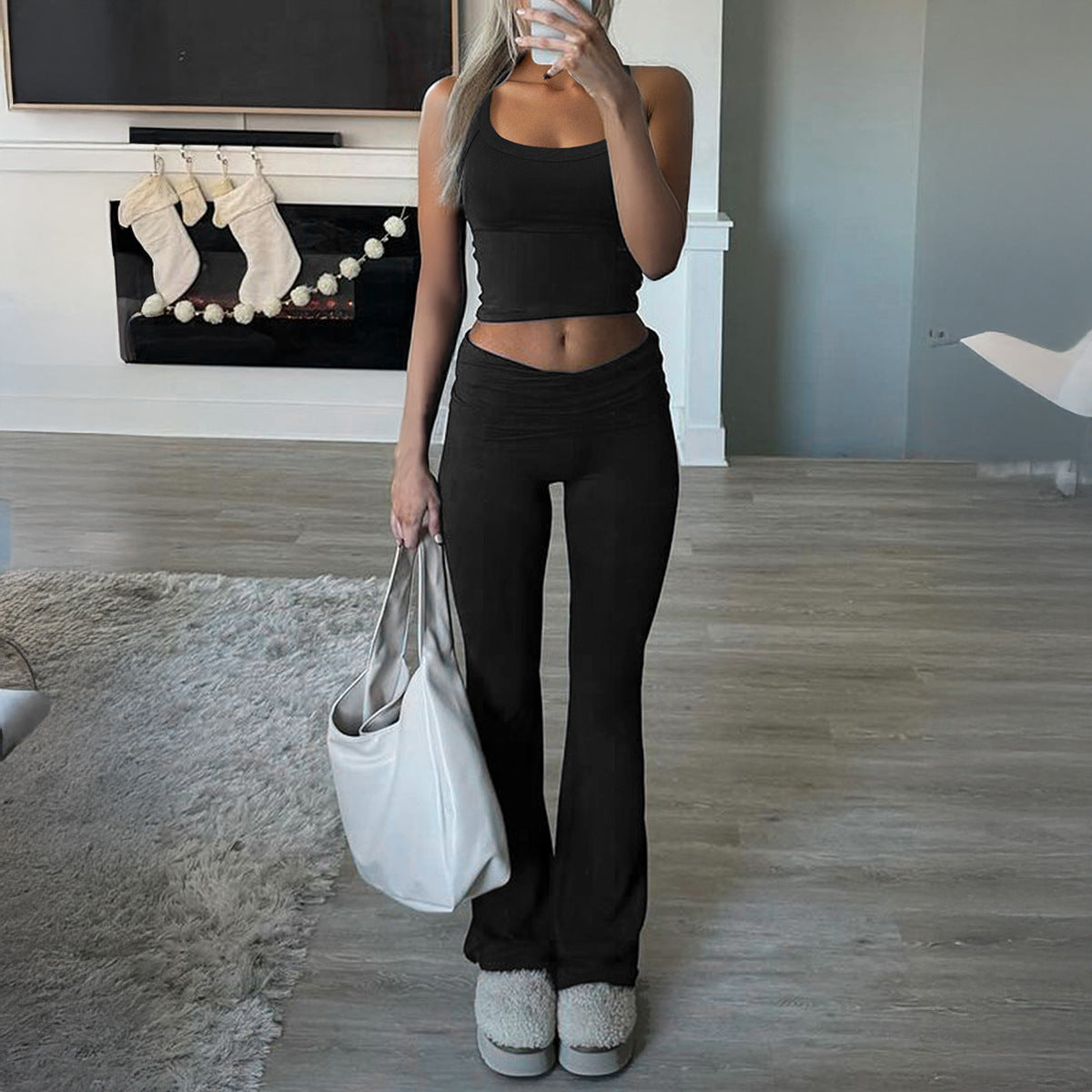Sports style solid color knitted vest long pants set