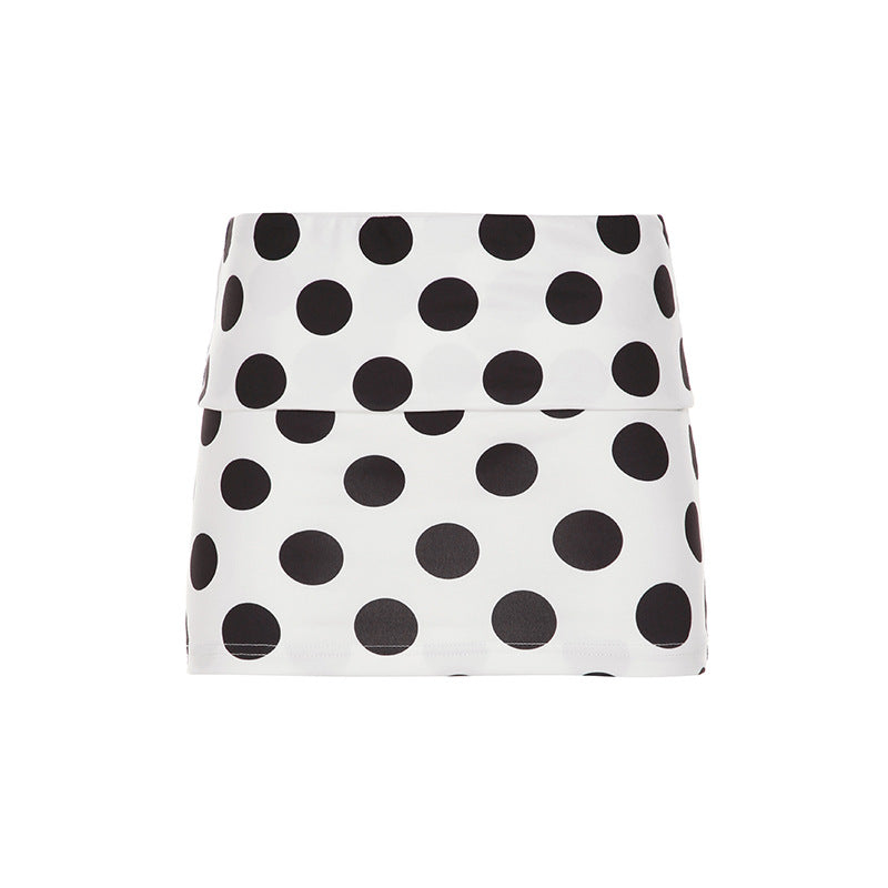 Polka dot contrasting color printing diagonal collar spill shoulder bat short-sleeved pullover top high waist hip skirt Set