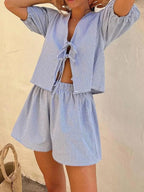 Plaid Striped Rubber Cuffs Casual Fashion Tether Elastic Waist Shorts Set