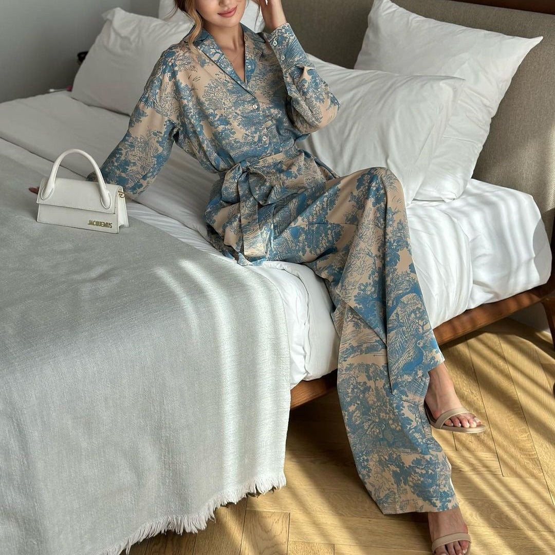 Printed long-sleeved lace-up shirt high-waisted wide-leg pants for women