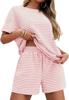 Striped Short Sleeve T-Shirt Drawstring Shorts Set