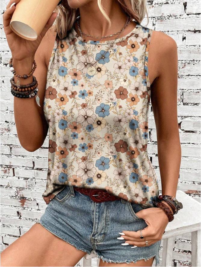 Printed Loose Casual Crew Neck Sleeveless  Summer Top