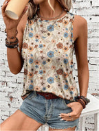 Printed Loose Casual Crew Neck Sleeveless  Summer Top