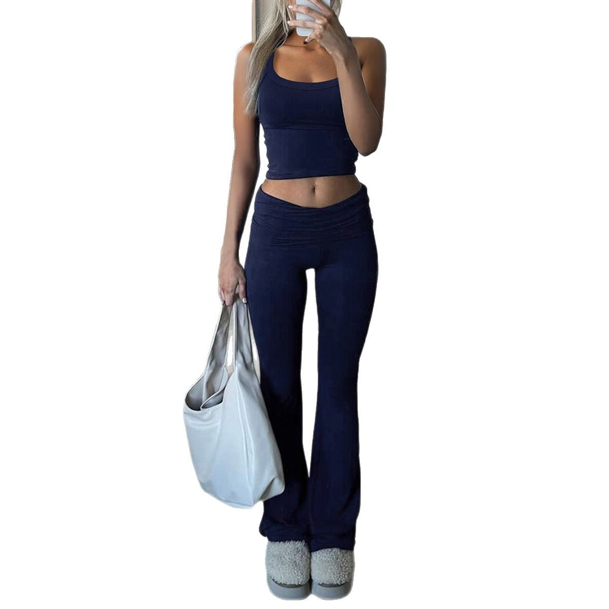 Sports style solid color knitted vest long pants set
