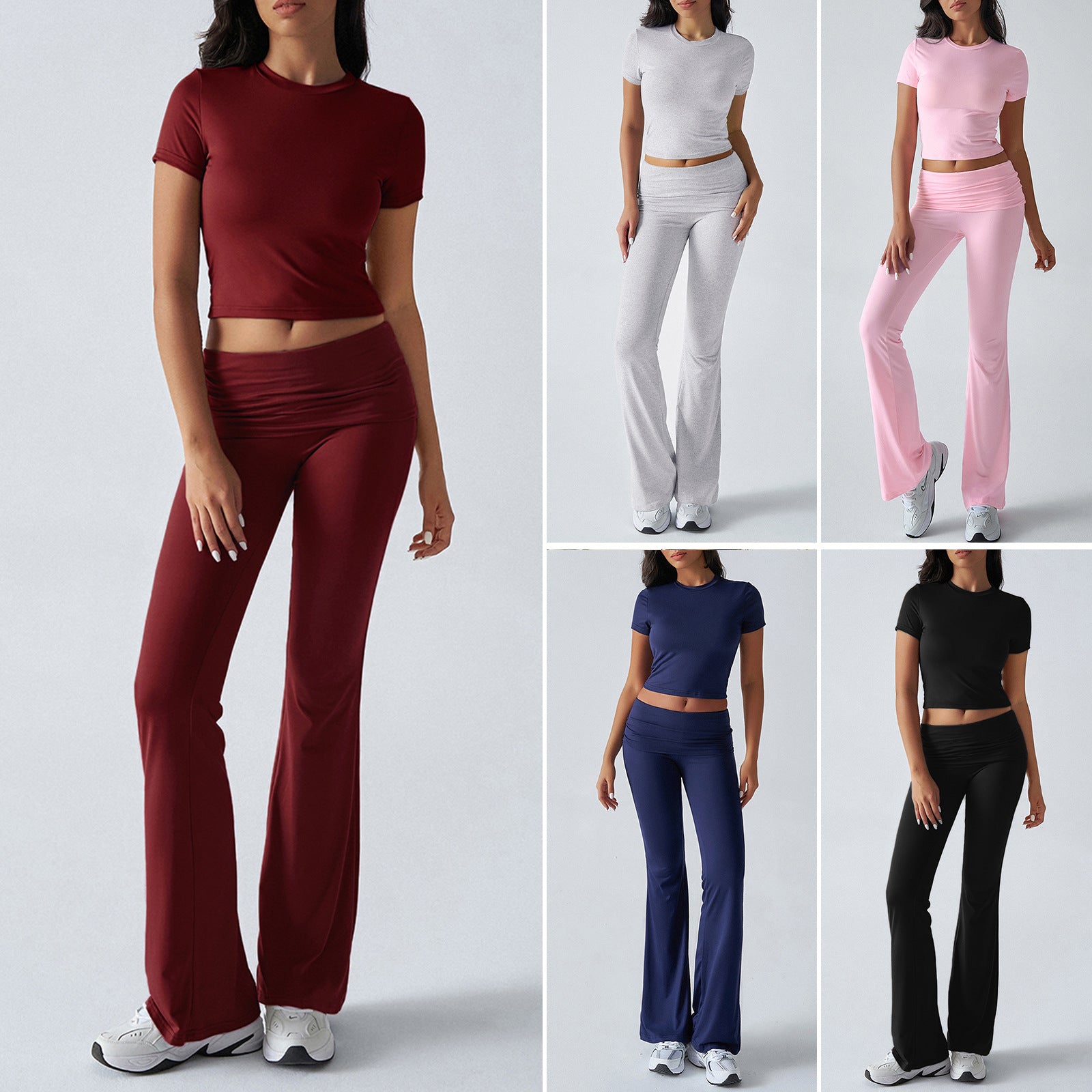 Casual solid color slim-fit short-sleeved top and pants set