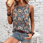 Printed Loose Casual Crew Neck Sleeveless  Summer Top