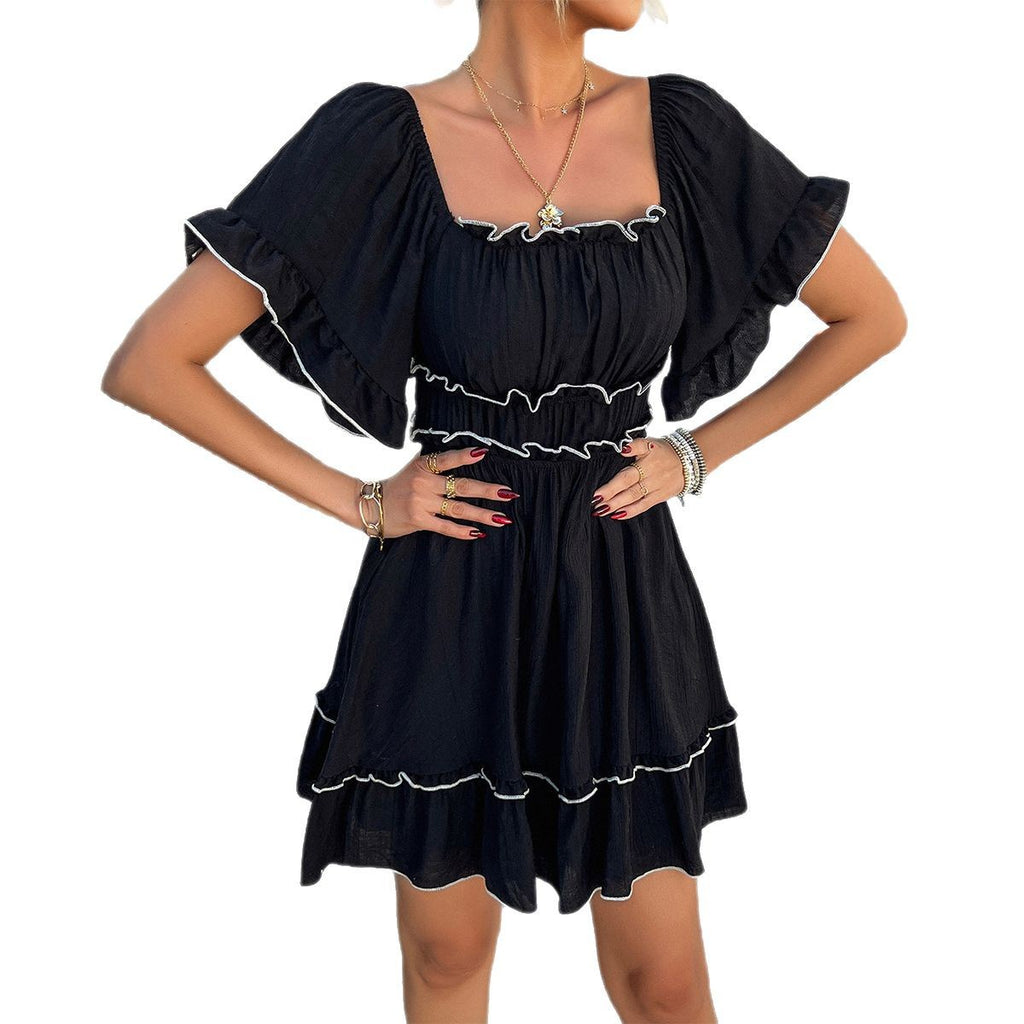 Solid color fungus edge short-sleeved dress