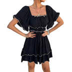Solid color fungus edge short-sleeved dress