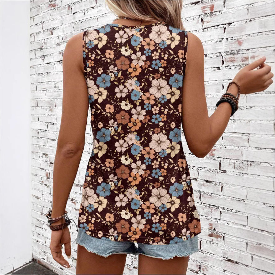 Printed Loose Casual Crew Neck Sleeveless  Summer Top