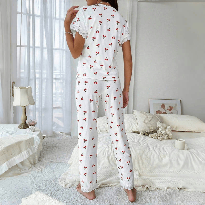 Cherry print water-soluble embroidery lace short-sleeved and pants set pajamas