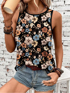 Printed Loose Casual Crew Neck Sleeveless  Summer Top