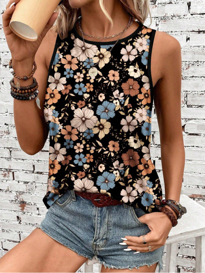 Printed Loose Casual Crew Neck Sleeveless  Summer Top