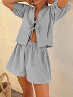 Plaid Striped Rubber Cuffs Casual Fashion Tether Elastic Waist Shorts Set