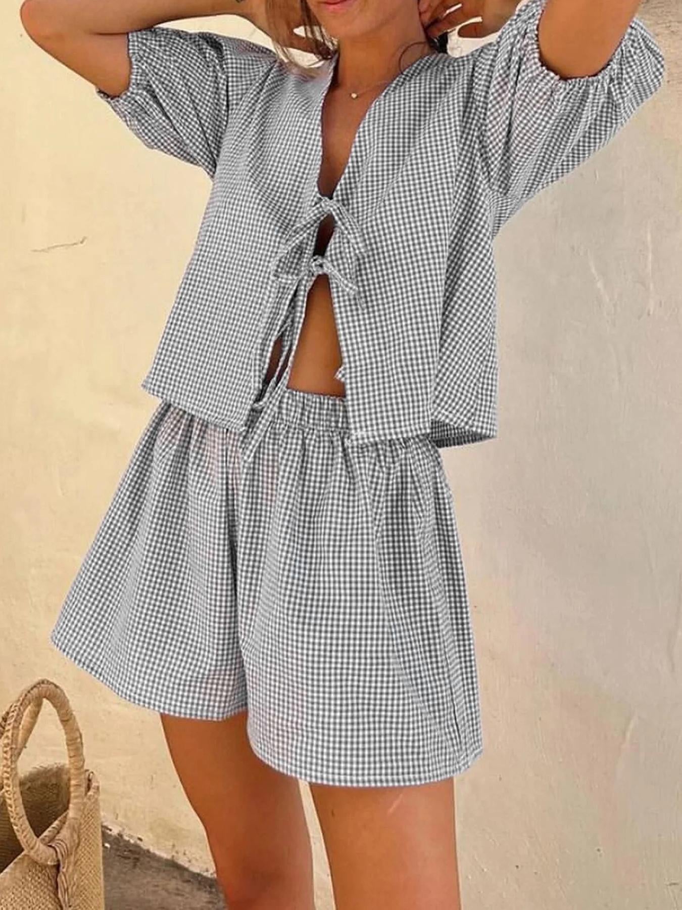 Plaid Striped Rubber Cuffs Casual Fashion Tether Elastic Waist Shorts Set