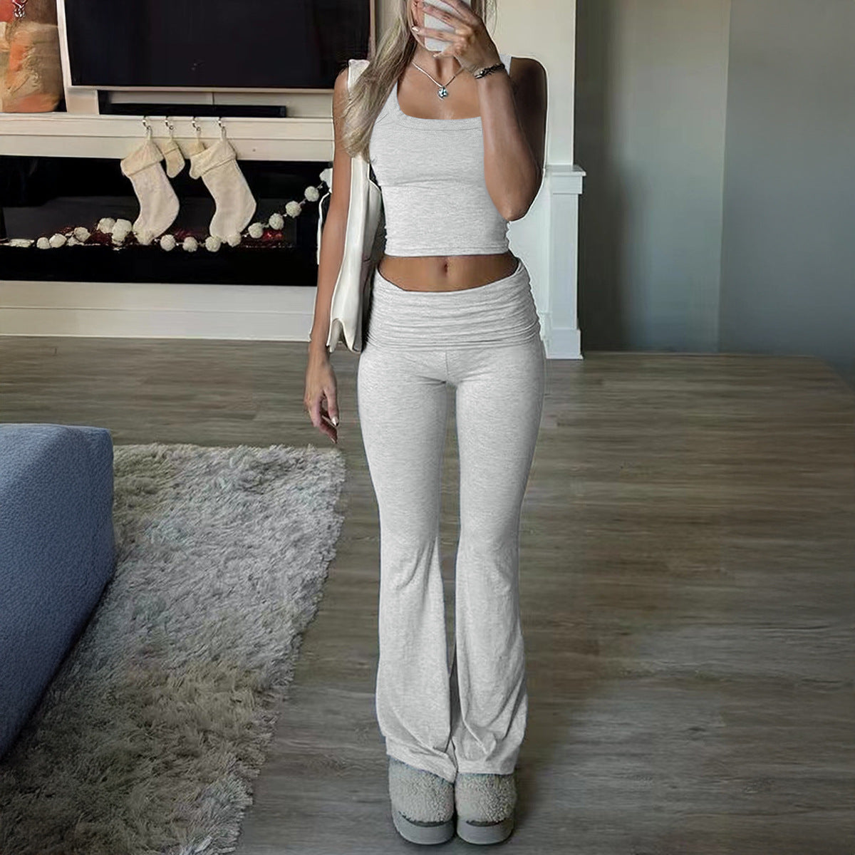 Sports style solid color knitted vest long pants set