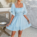 Solid color fungus edge short-sleeved dress
