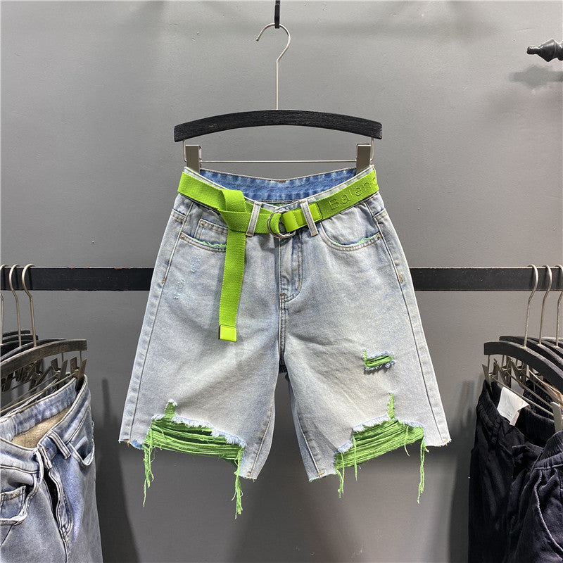 color ripped high waist and thin wide leg jeans