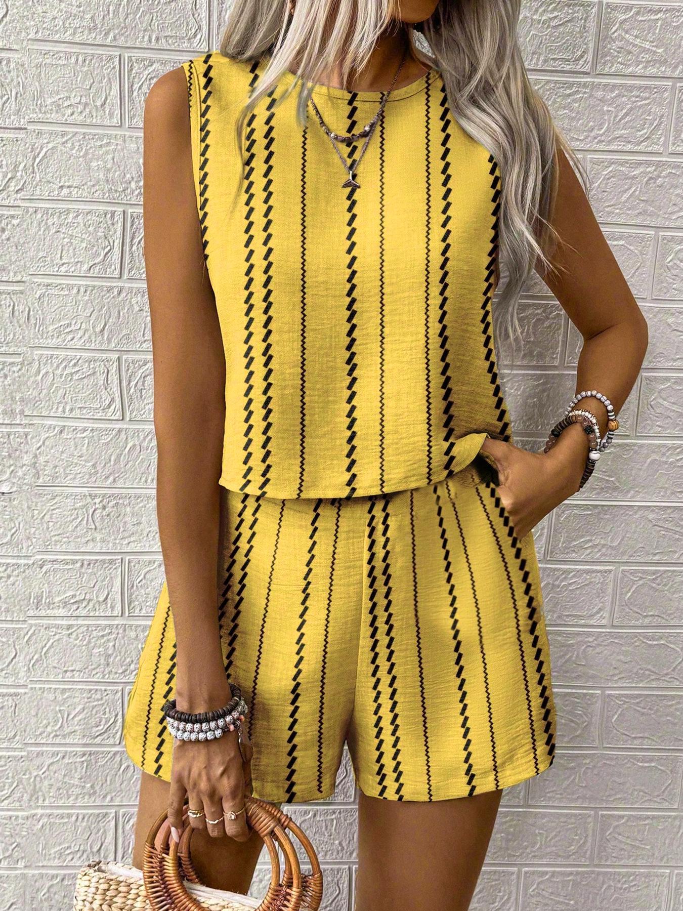 Casual Craft Striped Printed Sleeveless Tank Top Shorts Two-piece Set