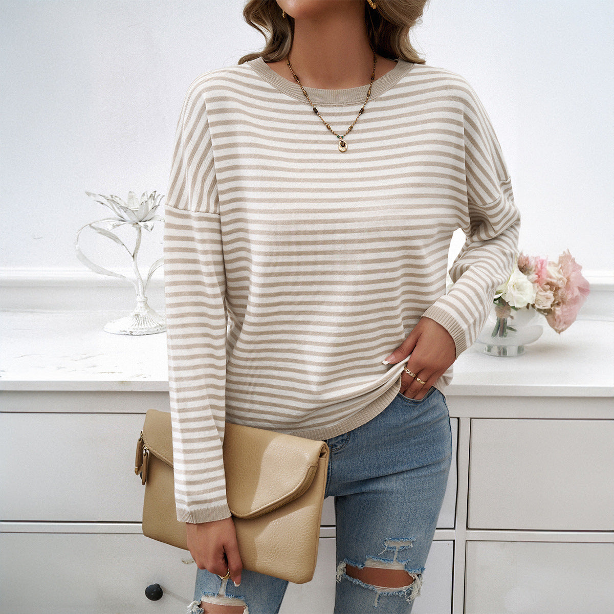 Casual crew neck striped sweater