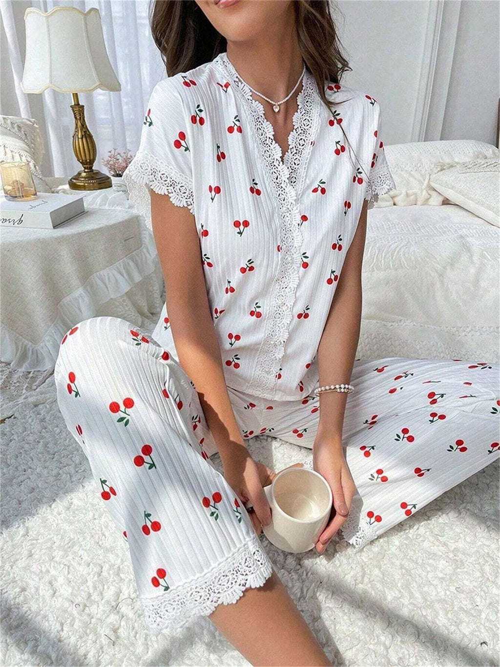 Cherry print water-soluble embroidery lace short-sleeved and pants set pajamas