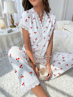 Cherry print water-soluble embroidery lace short-sleeved and pants set pajamas
