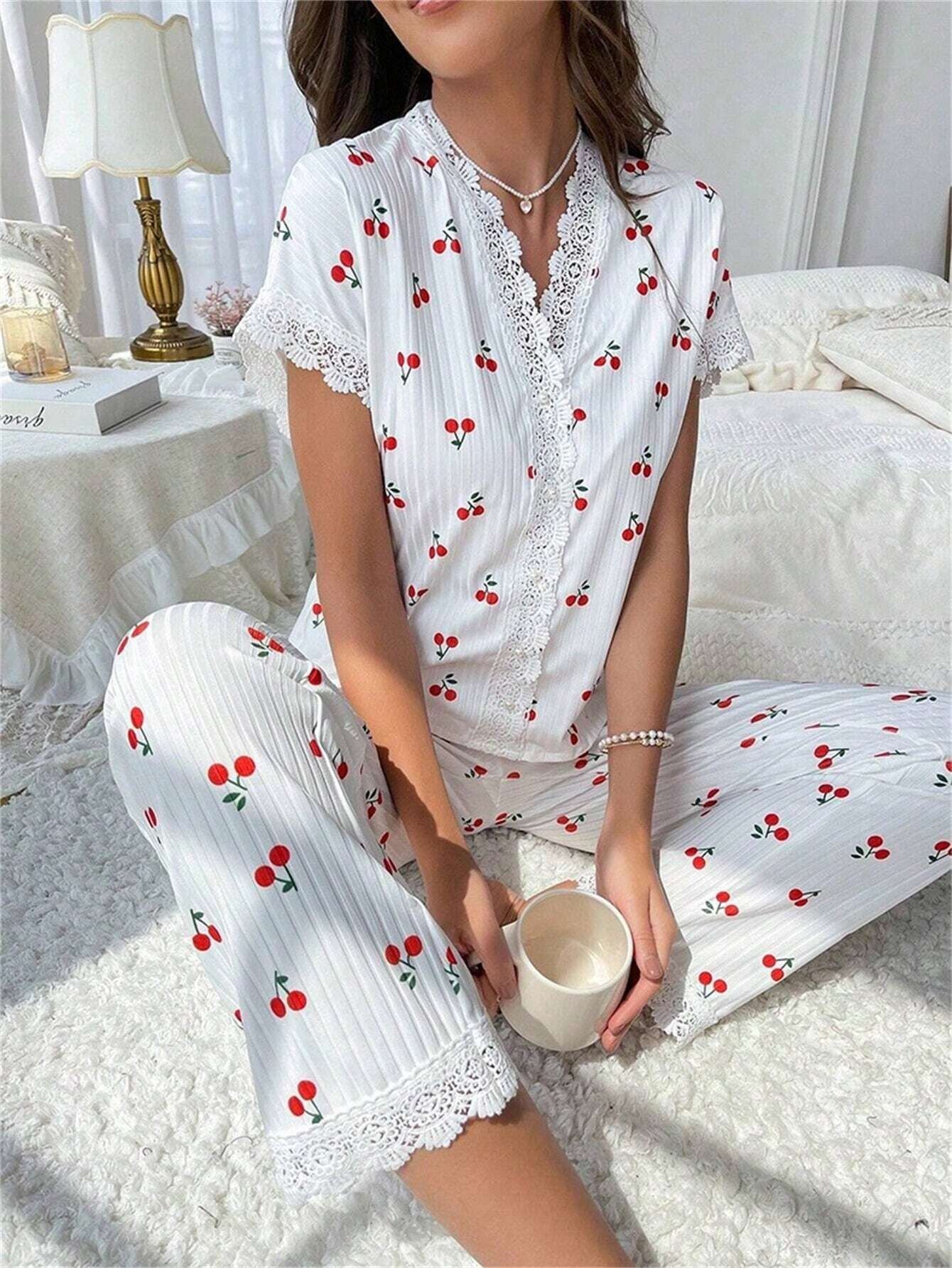 Cherry print water-soluble embroidery lace short-sleeved and pants set pajamas