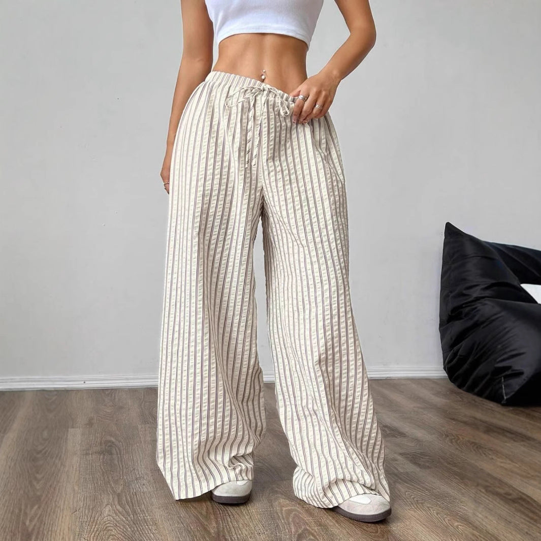 Drawstring elastic waist lazy versatile wide striped casual straight pants