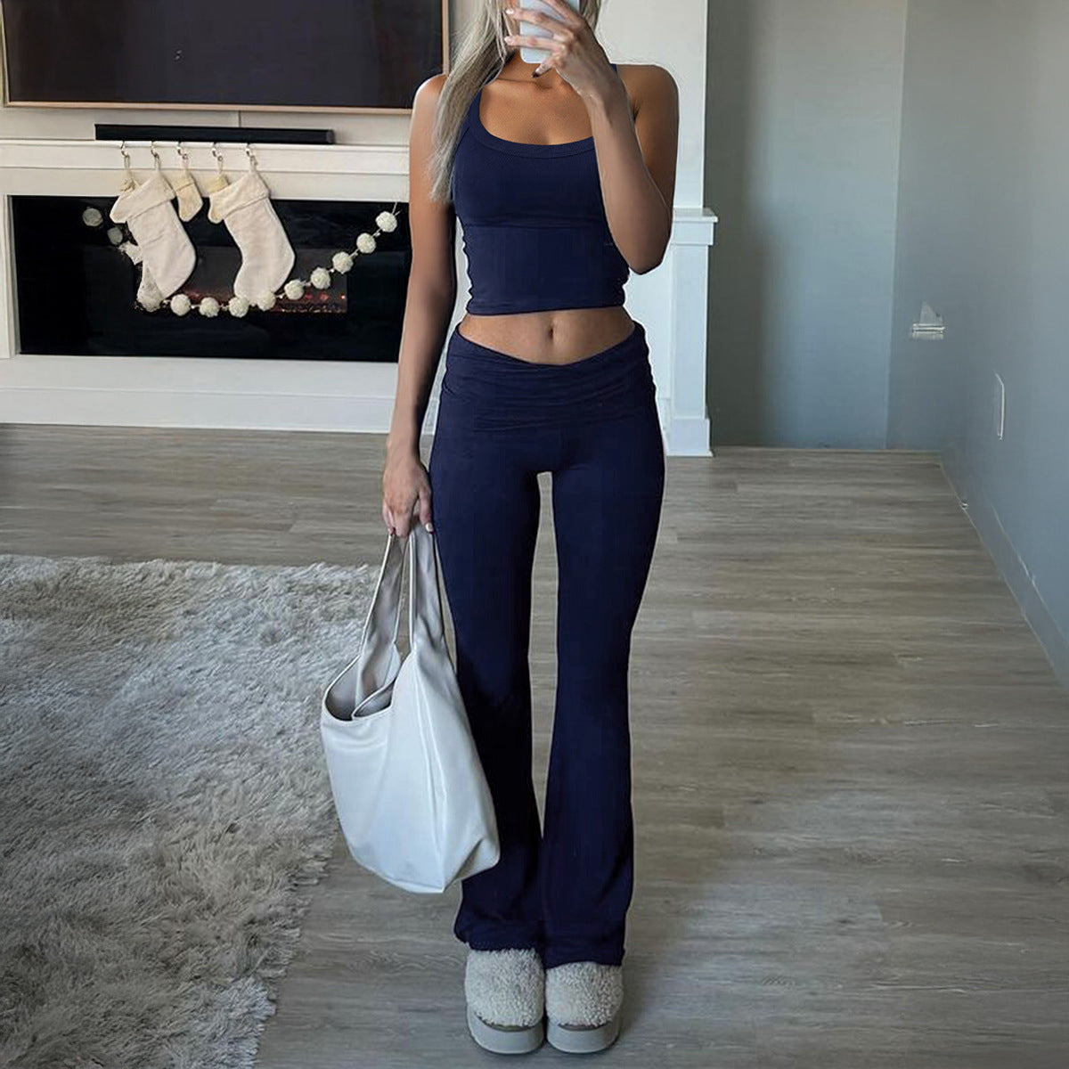 Sports style solid color knitted vest long pants set