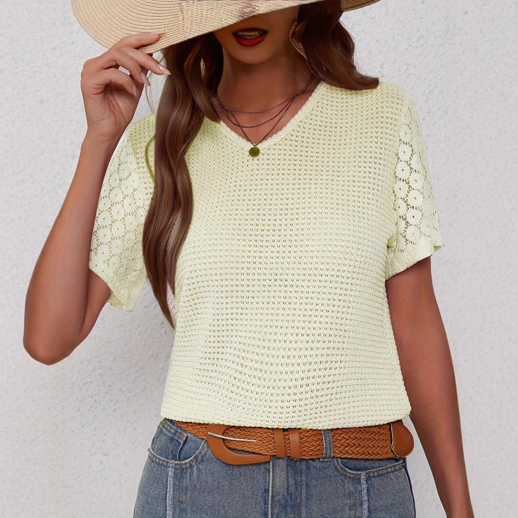 Lace Splicing Short Sleeve V-Neck Short Sleeve T-Shirt