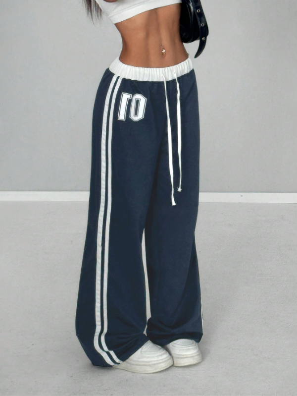 Numeric Print Waistband Patchwork Casual Sports Street Retro Style Loose Long Sweatpants
