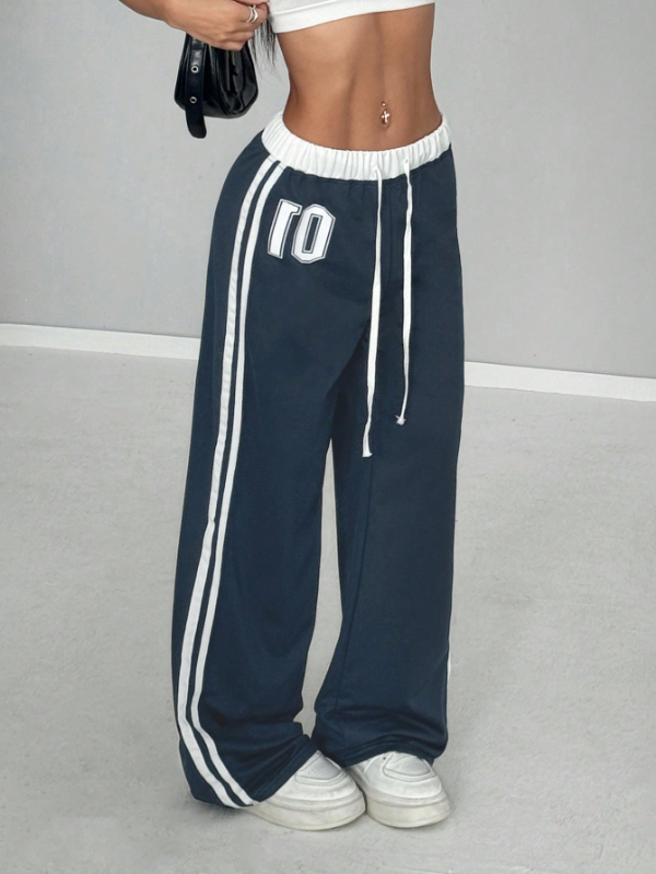 Numeric Print Waistband Patchwork Casual Sports Street Retro Style Loose Long Sweatpants