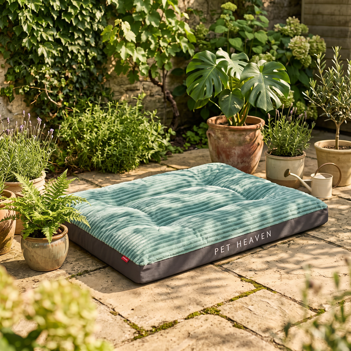 Solvane dog bed on a sunlit garden terrace