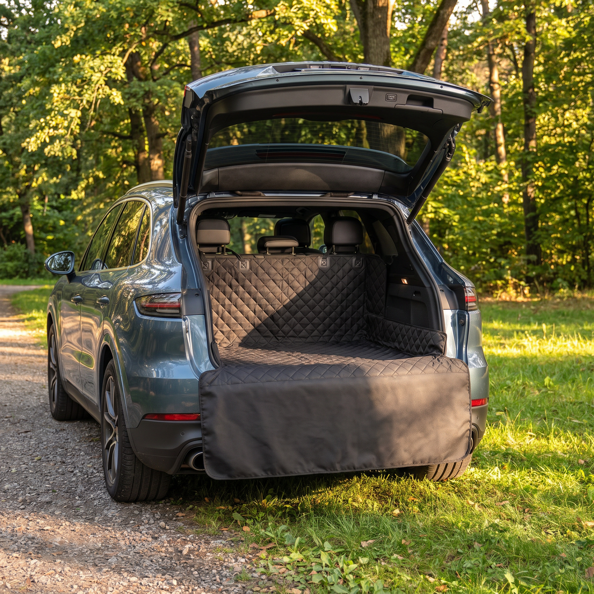 Trailguard cargo liner in an open boot at the edge of a green park
