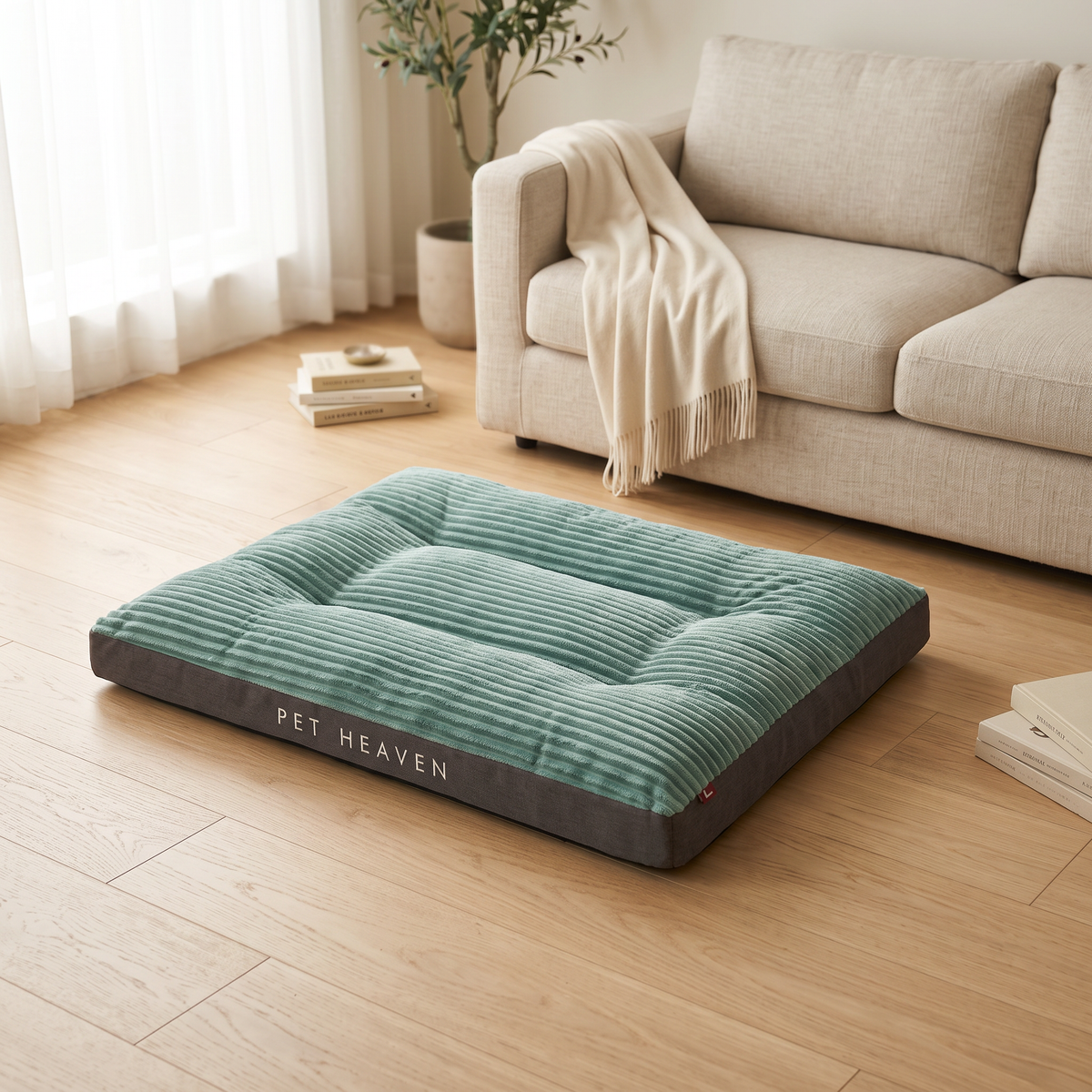 Solvane dog bed on an oak floor in a sunlit living room