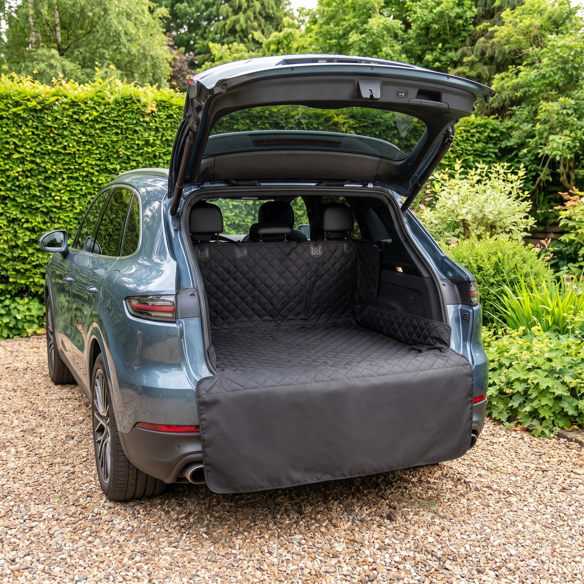 Trailguard cargo liner in a car boot on a gravel drive by a garden hedge