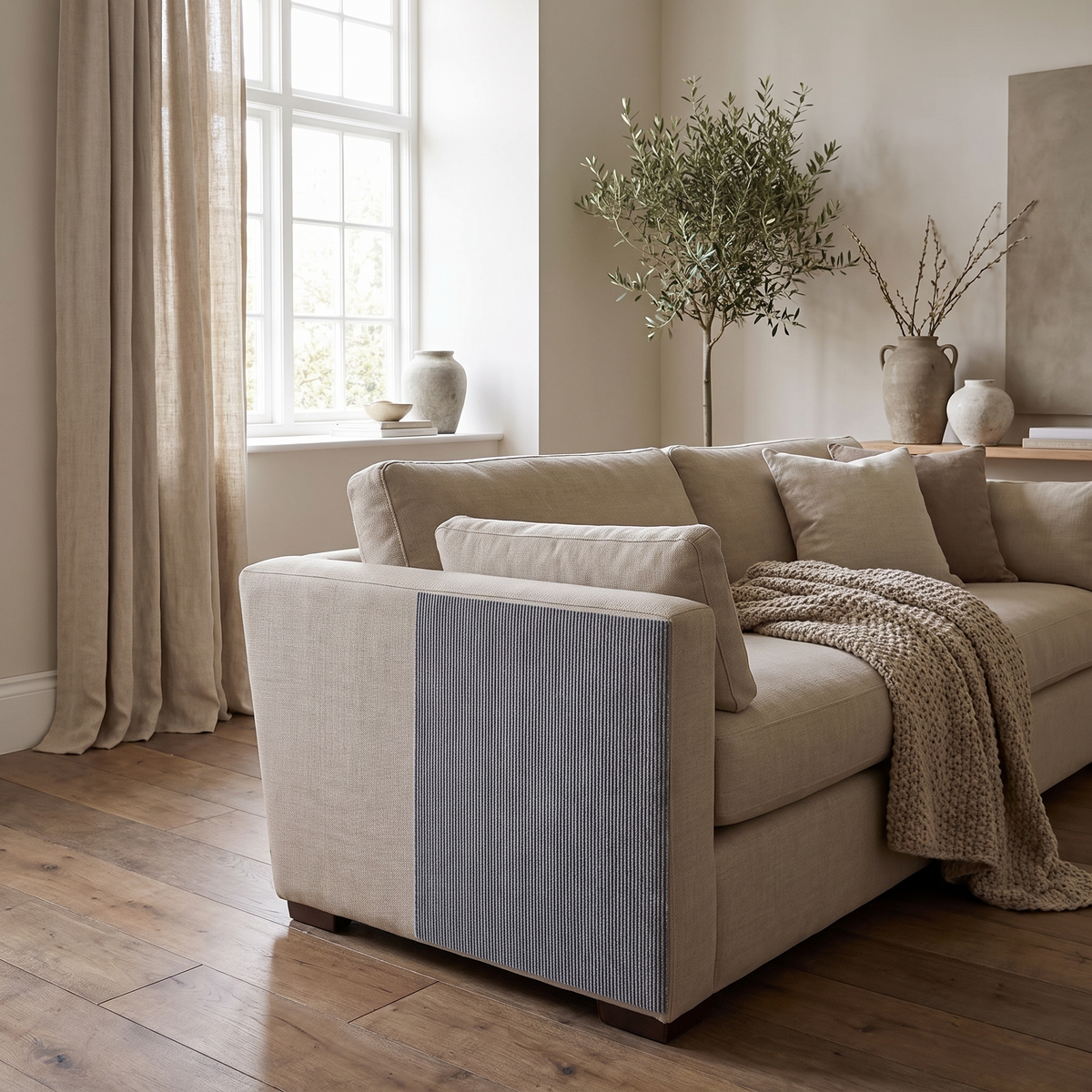 Living room with a Clawshield scratch guard fitted on the sofa corner